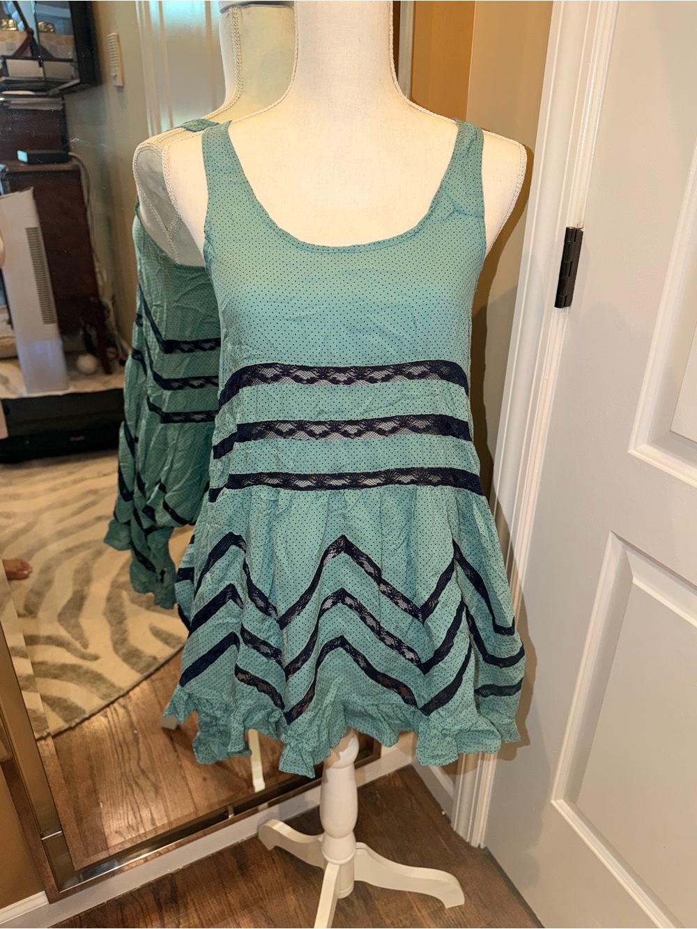 Free People Teal Tank Mini Dress with Navy Lace Stripes